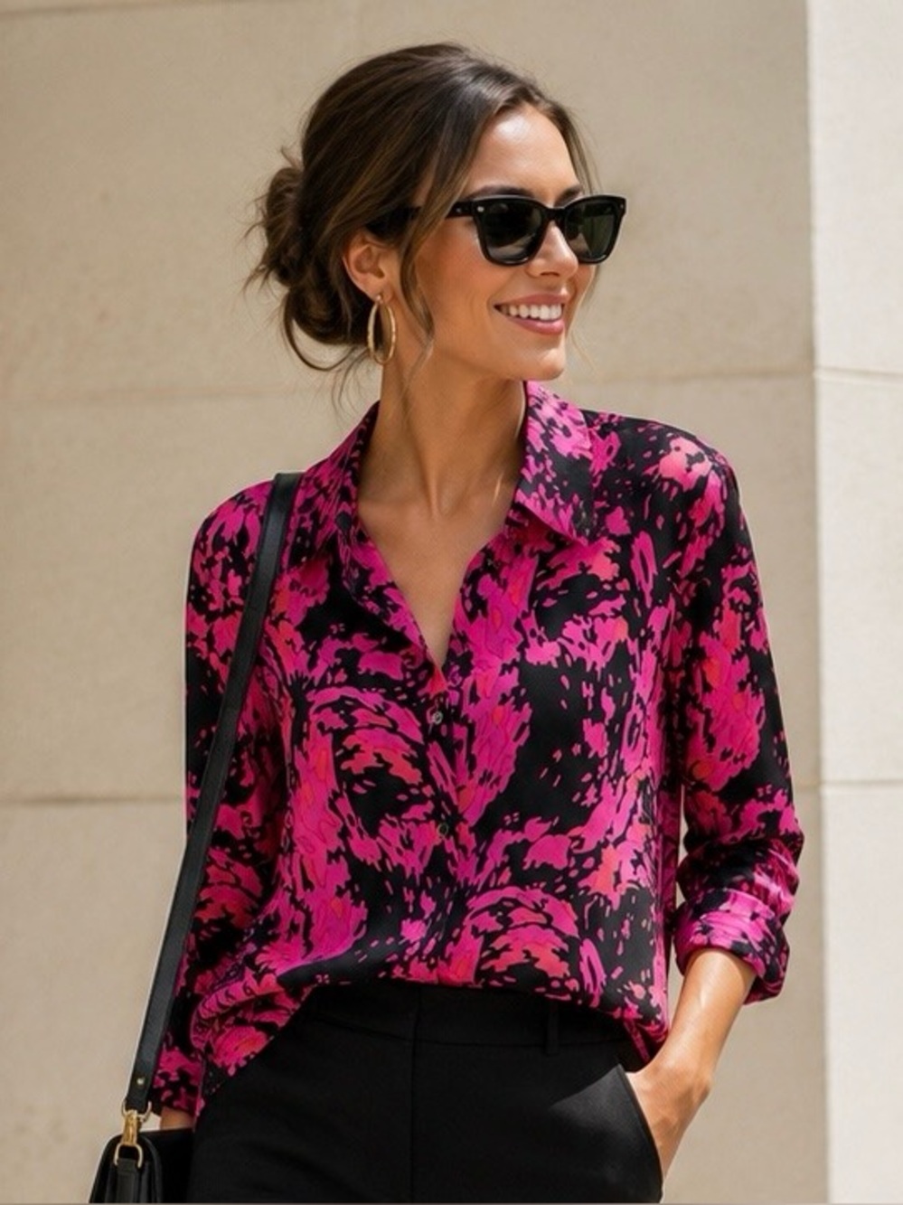 100% Silk blouse in fuschia pink, melon & black modern abstract print - Studio G
